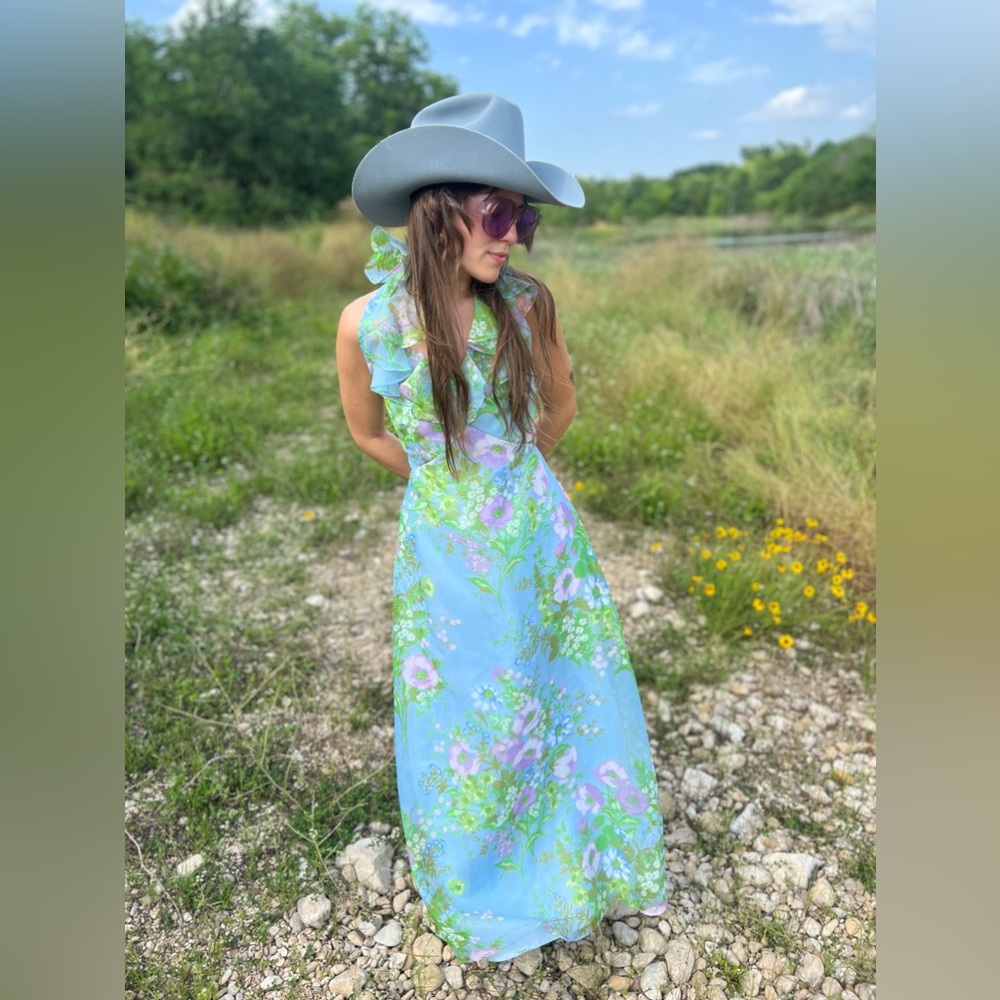 70's Floral Halter Maxi Dress with High Slit